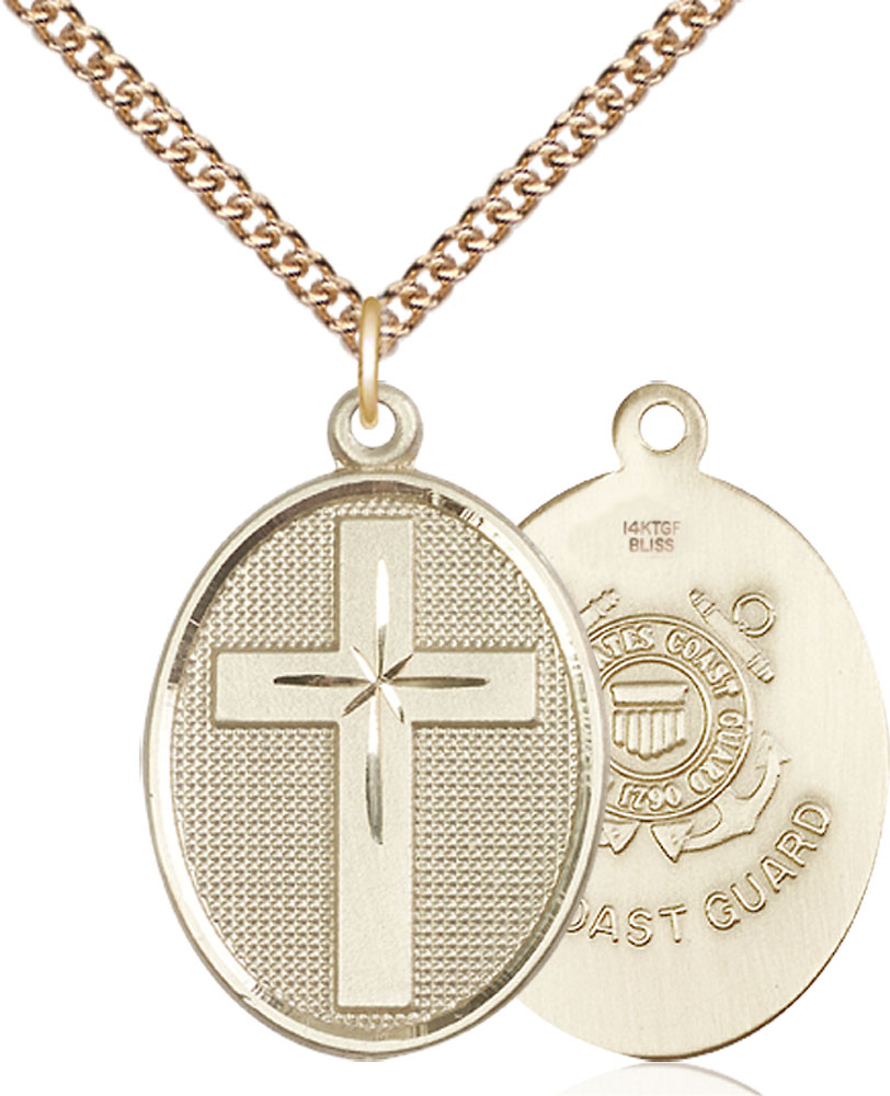 14kt Gold Filled Cross Coast Guard Pendant on a 24 inch Gold Filled Heavy Curb chain