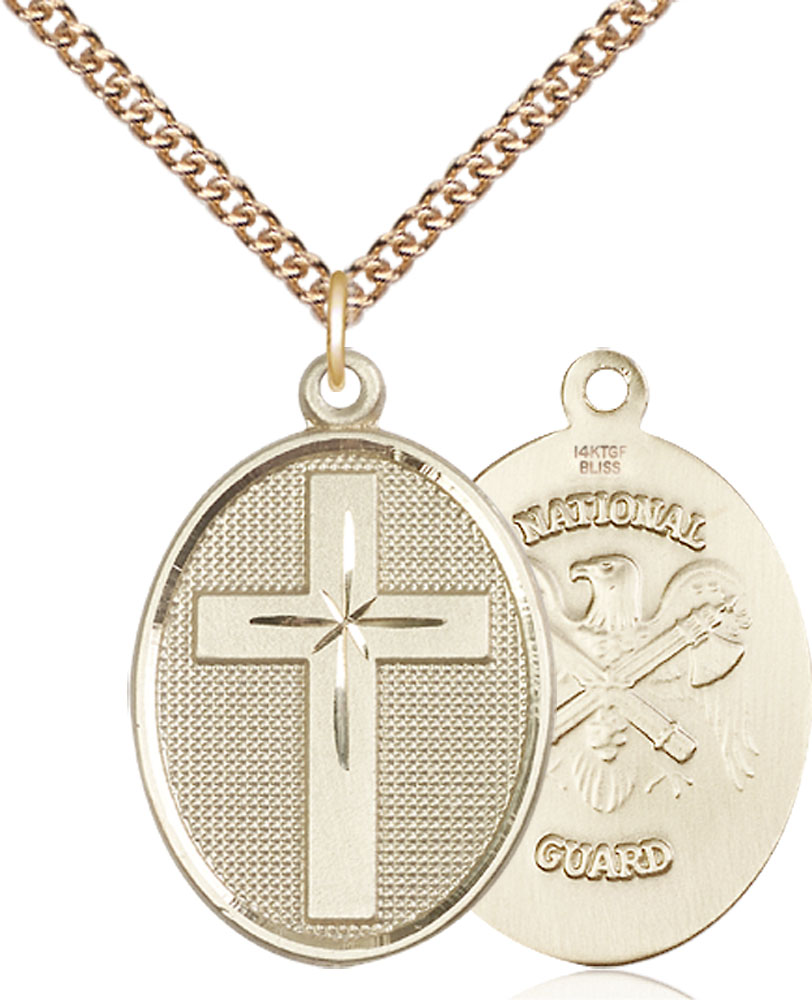 14kt Gold Filled Cross National Guard Pendant on a 24 inch Gold Filled Heavy Curb chain