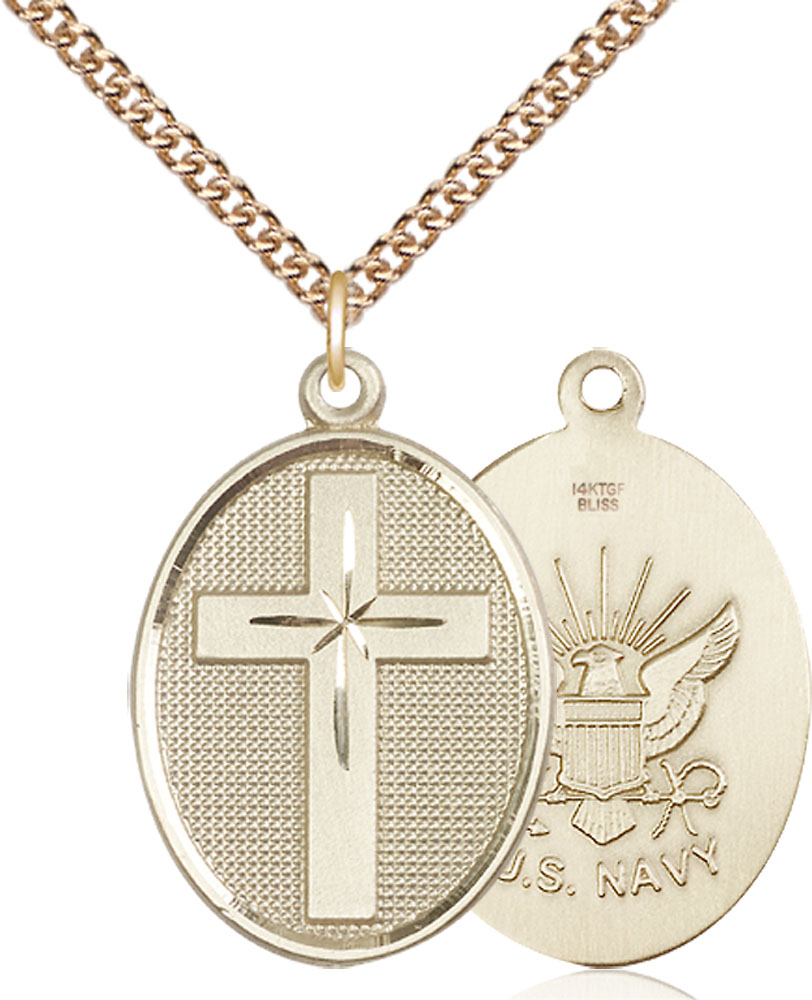 14kt Gold Filled Cross Navy Pendant on a 24 inch Gold Filled Heavy Curb chain