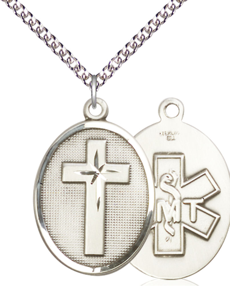 Sterling Silver Cross EMT Pendant on a 24 inch Sterling Silver Heavy Curb chain