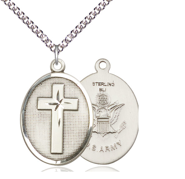 Sterling Silver Cross Army Pendant on a 24 inch Sterling Silver Heavy Curb chain