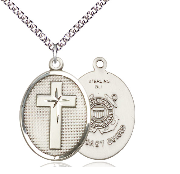 Sterling Silver Cross Coast Guard Pendant on a 24 inch Sterling Silver Heavy Curb chain