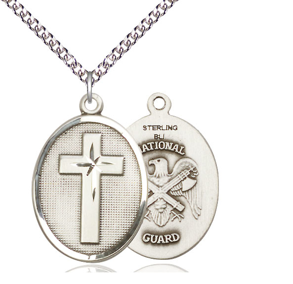 Sterling Silver Cross National Guard Pendant on a 24 inch Sterling Silver Heavy Curb chain