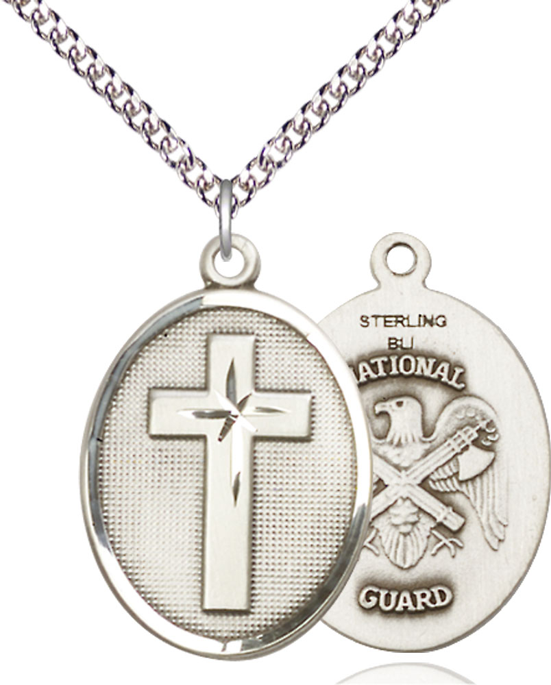 Sterling Silver Cross National Guard Pendant on a 24 inch Sterling Silver Heavy Curb chain