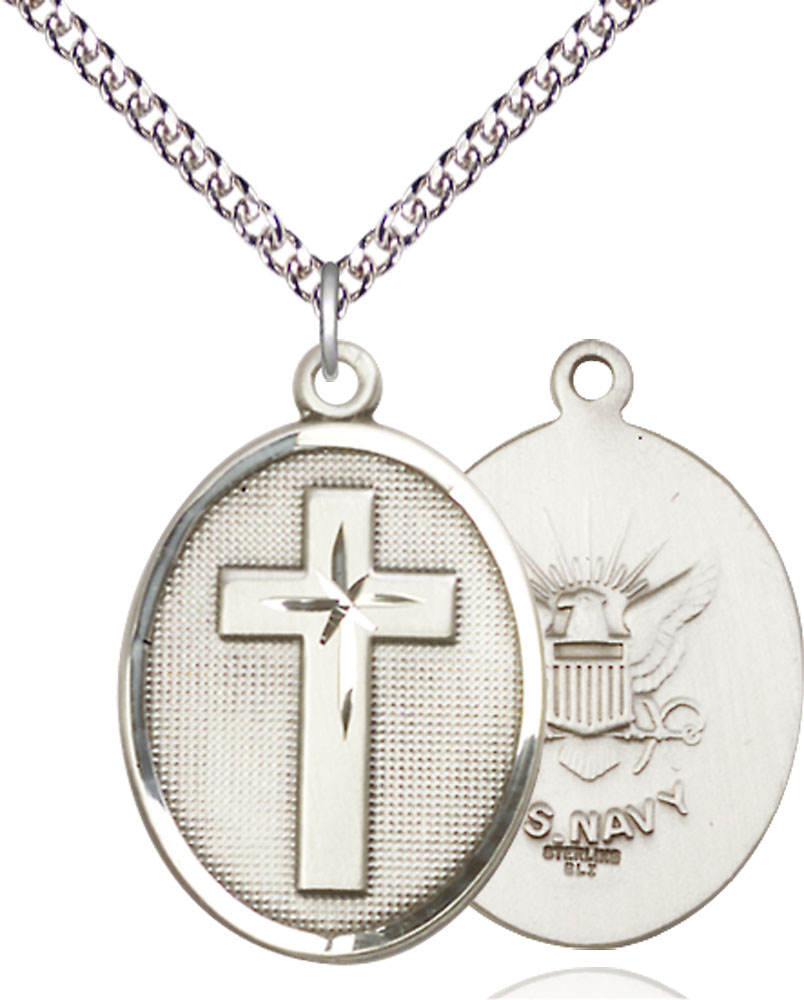 Sterling Silver Cross Navy Pendant on a 24 inch Sterling Silver Heavy Curb chain