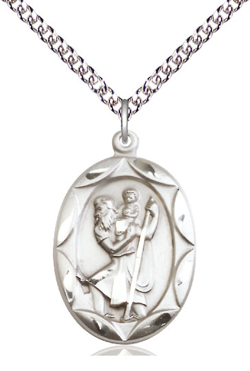 Sterling Silver Saint Christopher Pendant on a 24 inch Sterling Silver Heavy Curb chain