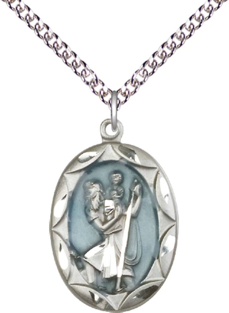 Sterling Silver Saint Christopher Pendant on a 24 inch Sterling Silver Heavy Curb chain