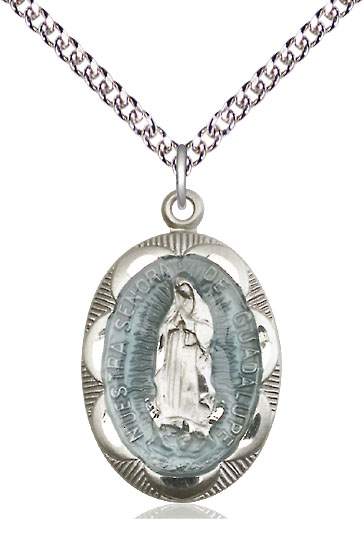 Sterling Silver Our Lady of Guadalupe Pendant on a 24 inch Sterling Silver Heavy Curb chain