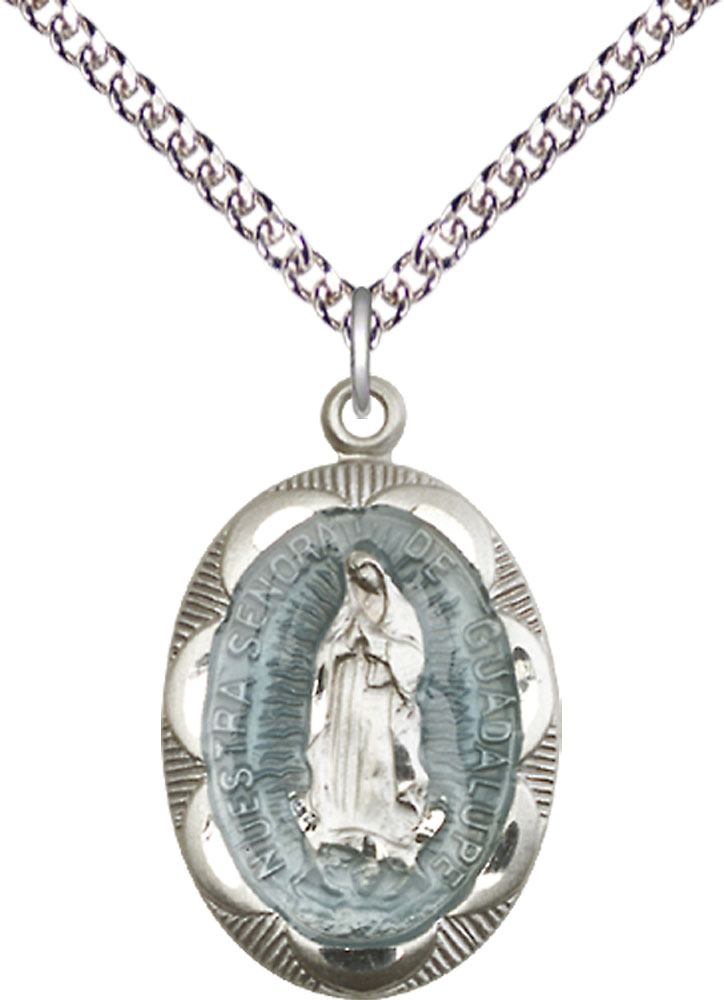 Sterling Silver Our Lady of Guadalupe Pendant on a 24 inch Sterling Silver Heavy Curb chain