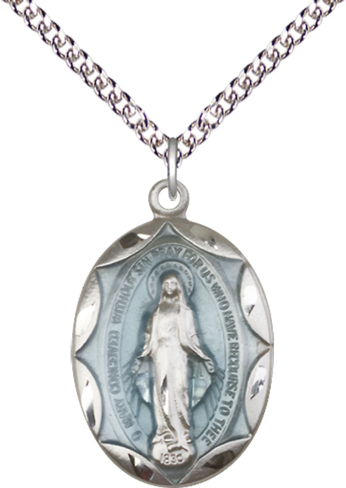 Sterling Silver Miraculous Pendant on a 24 inch Sterling Silver Heavy Curb chain