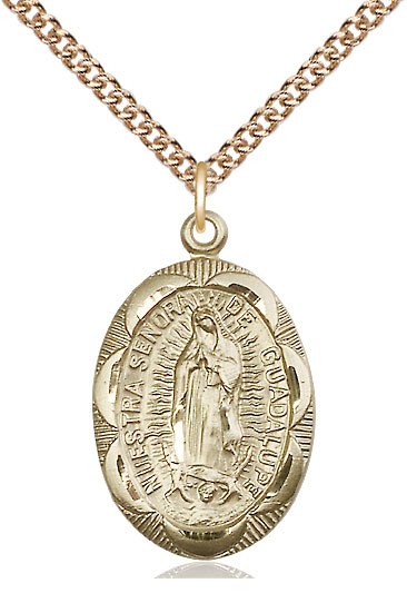 14kt Gold Filled Our Lady of Guadalupe Pendant on a 24 inch Gold Filled Heavy Curb chain