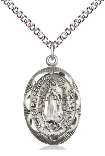 Sterling Silver Our Lady of Guadalupe Pendant on a 24 inch Sterling Silver Heavy Curb chain