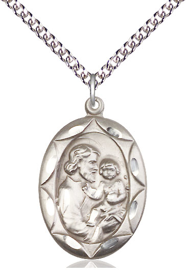 Sterling Silver Saint Joseph Pendant on a 24 inch Sterling Silver Heavy Curb chain