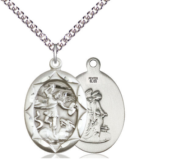 Sterling Silver Saint Michael the Archangel Pendant on a 24 inch Sterling Silver Heavy Curb chain