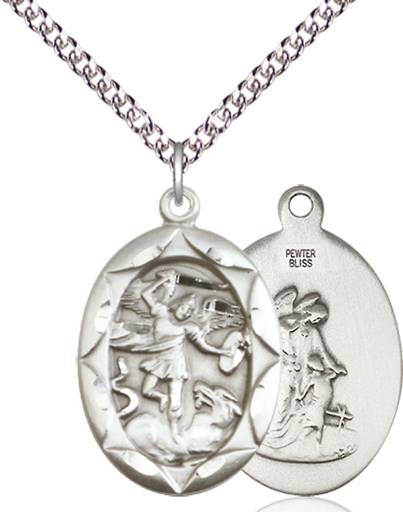 Sterling Silver Saint Michael the Archangel Pendant on a 24 inch Sterling Silver Heavy Curb chain