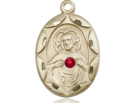 14kt Gold Scapular w/ Ruby Stone Medal with a 3mm Ruby Swarovski stone