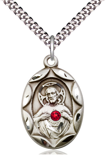 Sterling Silver Scapular w/ Ruby Stone Pendant with a 3mm Ruby Swarovski stone on a 24 inch Light Rhodium Heavy Curb chain