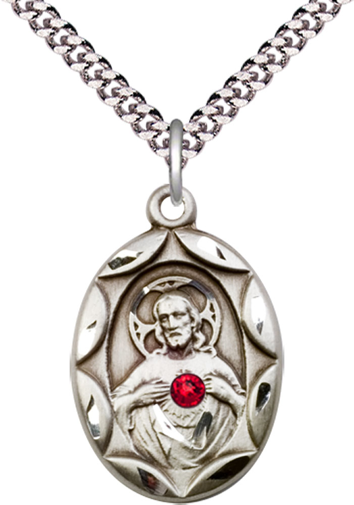 Sterling Silver Scapular w/ Ruby Stone Pendant with a 3mm Ruby Swarovski stone on a 24 inch Light Rhodium Heavy Curb chain