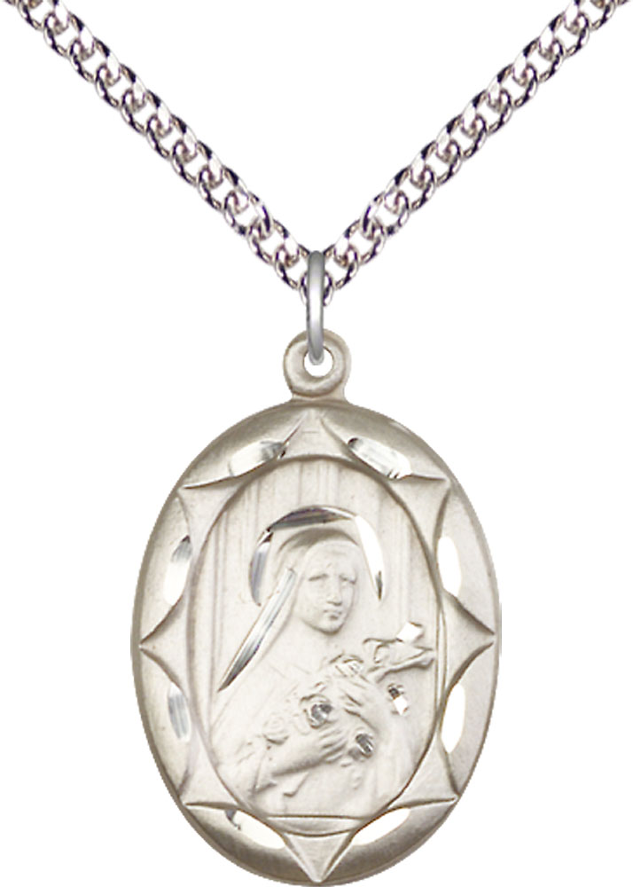 Sterling Silver Saint Theresa Pendant on a 24 inch Sterling Silver Heavy Curb chain