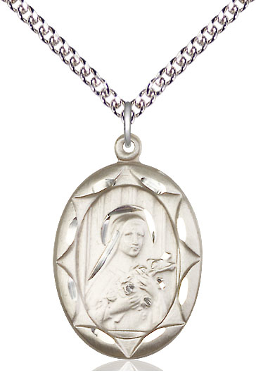 Sterling Silver Saint Theresa Pendant on a 24 inch Sterling Silver Heavy Curb chain