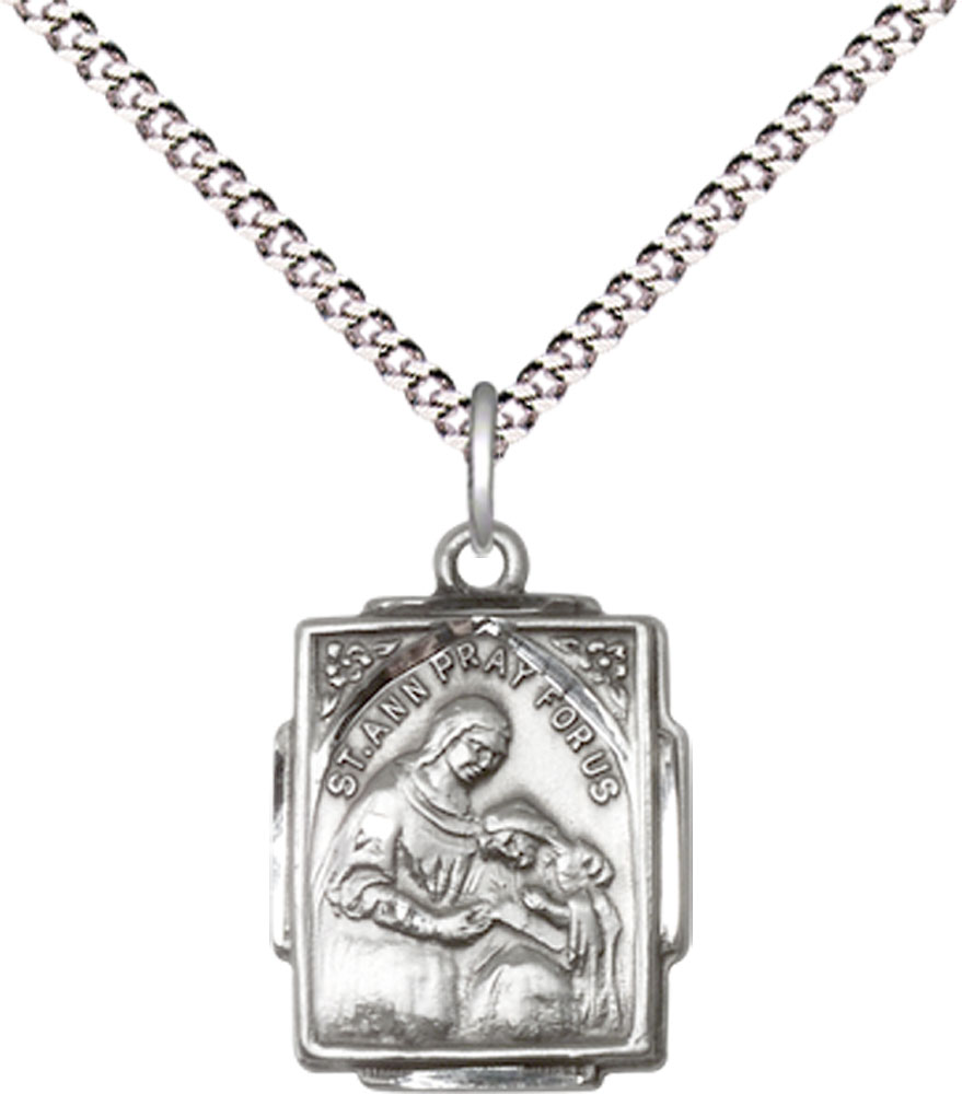 Sterling Silver Saint Ann Pendant on a 18 inch Light Rhodium Light Curb chain