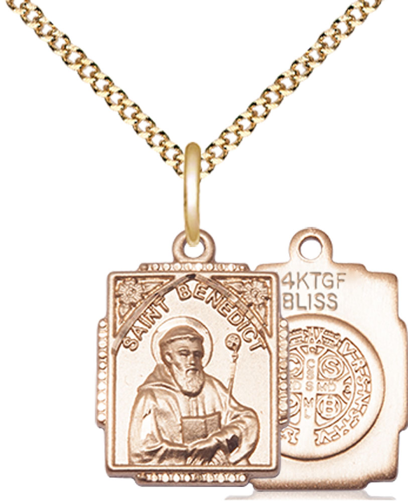 14kt Gold Filled Saint Benedict Pendant on a 18 inch Gold Plate Light Curb chain