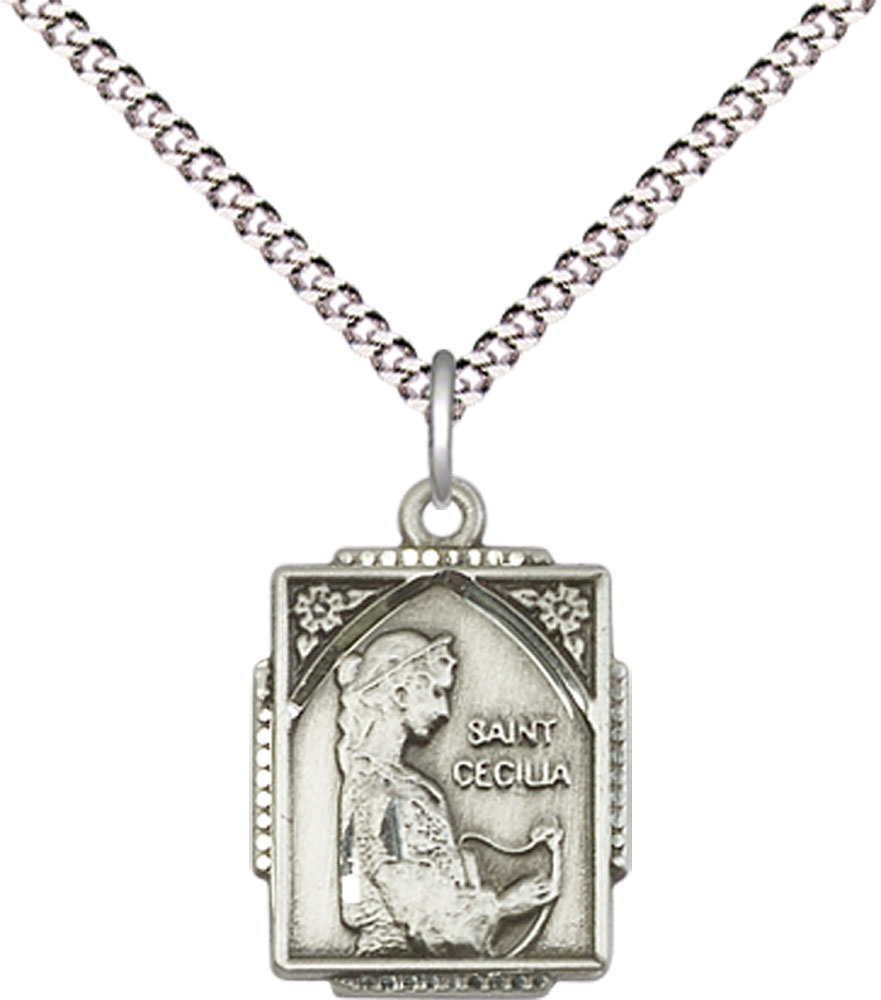 Sterling Silver Saint Cecilia Pendant on a 18 inch Light Rhodium Light Curb chain