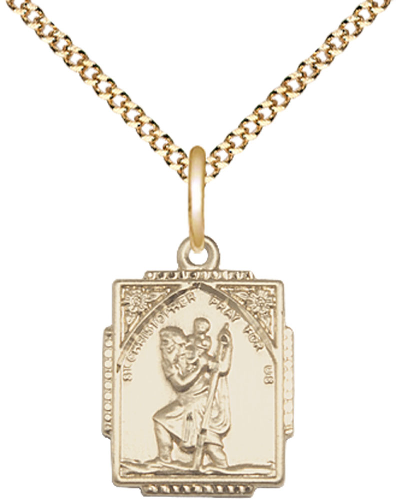 14kt Gold Filled Saint Christopher Pendant on a 18 inch Gold Plate Light Curb chain