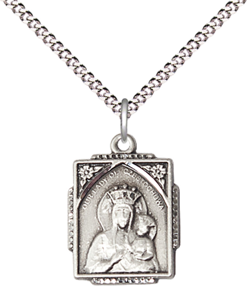 Sterling Silver Our Lady of Czestochowa Pendant on a 18 inch Light Rhodium Light Curb chain