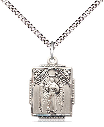 Sterling Silver Divine Mercy Pendant on a 18 inch Light Rhodium Light Curb chain