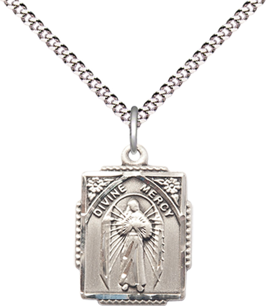 Sterling Silver Divine Mercy Pendant on a 18 inch Light Rhodium Light Curb chain