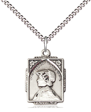 Sterling Silver Saint Elizabeth Ann Seton Pendant on a 18 inch Light Rhodium Light Curb chain