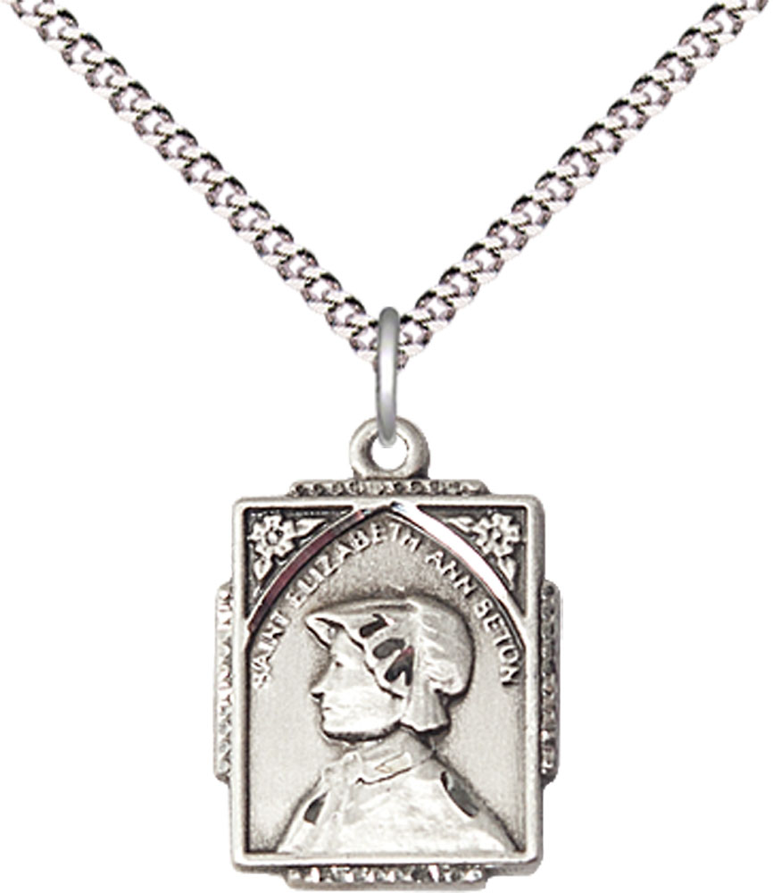 Sterling Silver Saint Elizabeth Ann Seton Pendant on a 18 inch Light Rhodium Light Curb chain