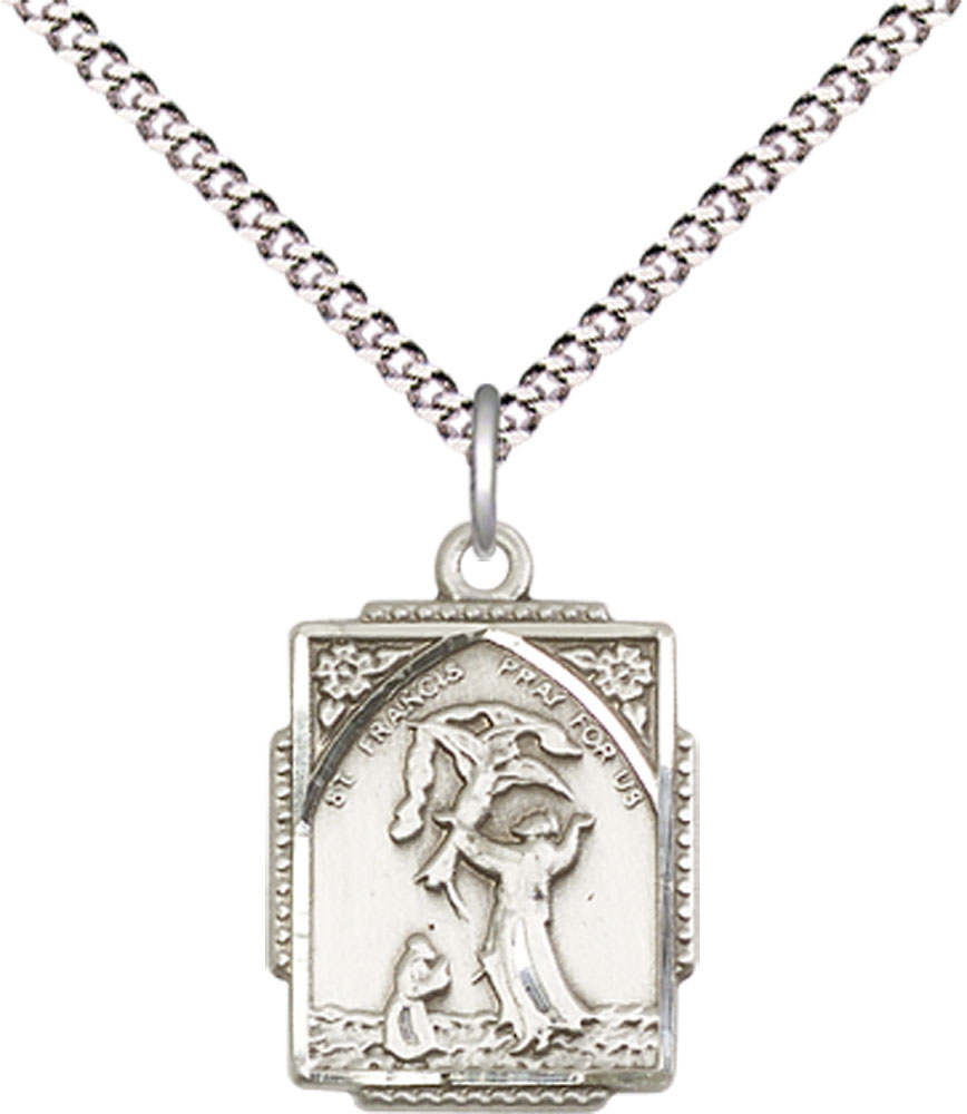 Sterling Silver Saint Francis of Assisi Pendant on a 18 inch Light Rhodium Light Curb chain