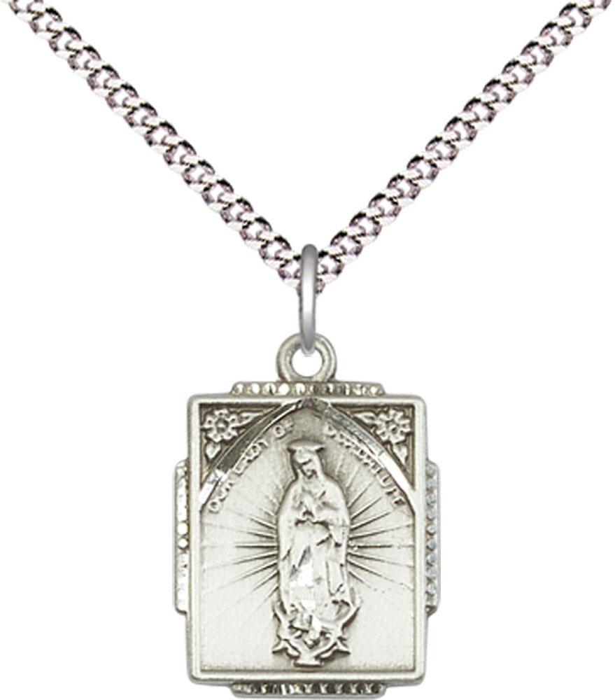 Sterling Silver Our Lady of Guadalupe Pendant on a 18 inch Light Rhodium Light Curb chain