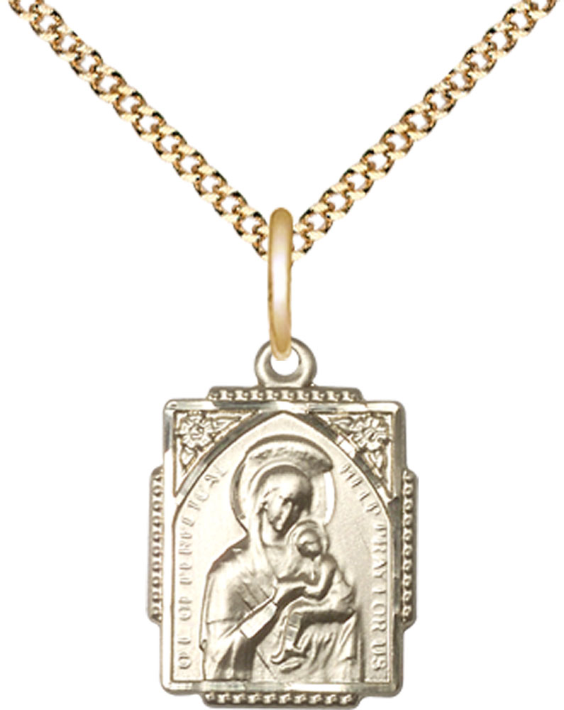 14kt Gold Filled Our Lady of Perpetual Help Pendant on a 18 inch Gold Plate Light Curb chain