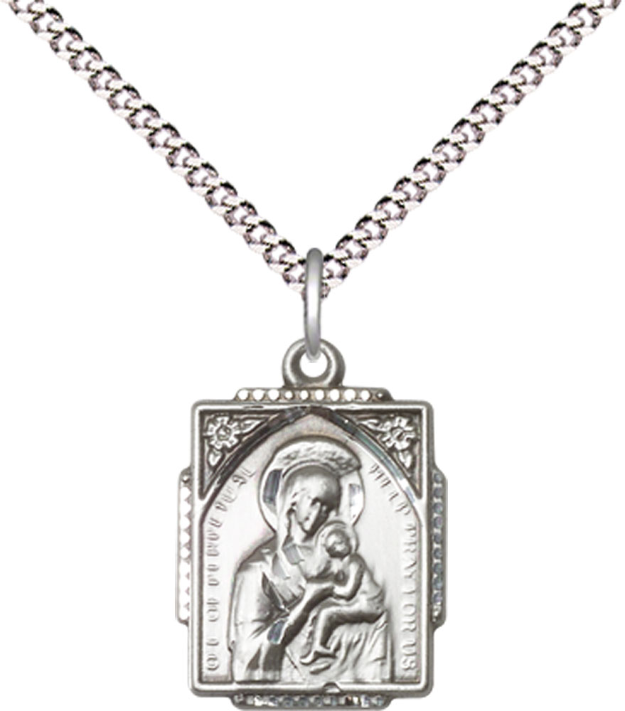 Sterling Silver Our Lady of Perpetual Help Pendant on a 18 inch Light Rhodium Light Curb chain