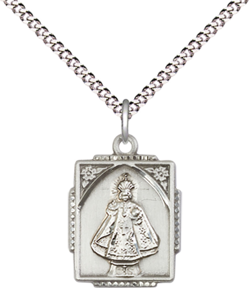 Sterling Silver Infant of Prague Pendant on a 18 inch Light Rhodium Light Curb chain