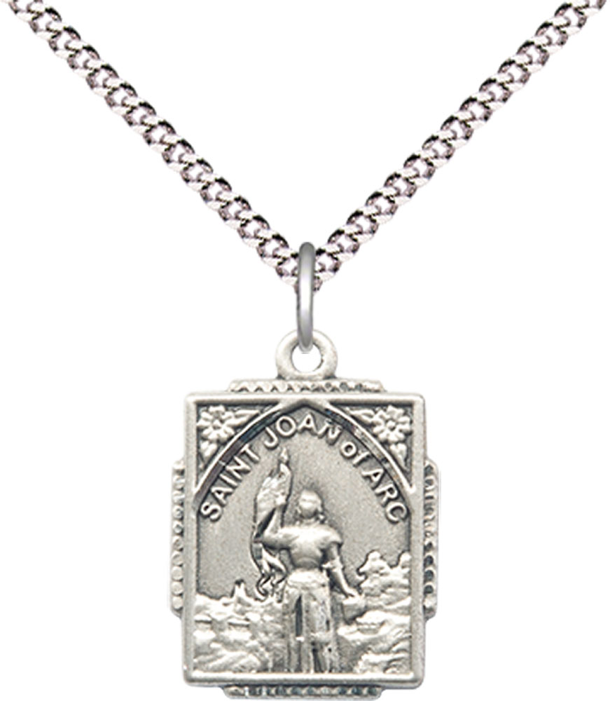 Sterling Silver Saint Joan of Arc Pendant on a 18 inch Light Rhodium Light Curb chain