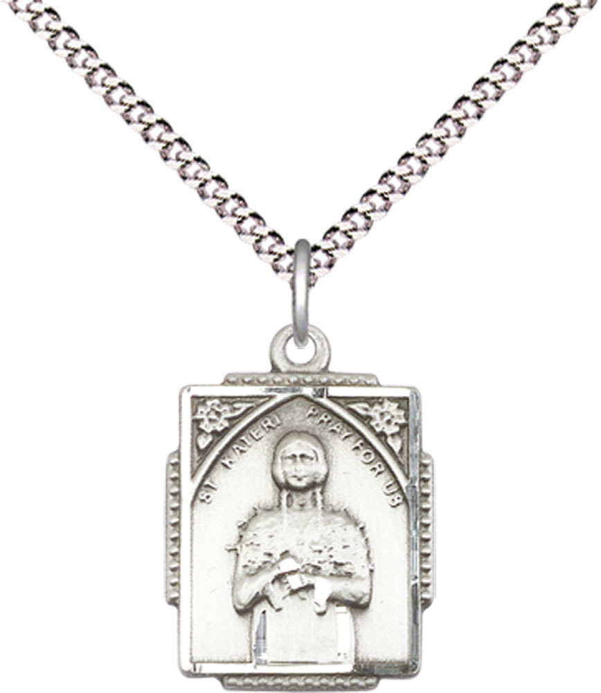 Sterling Silver Saint Kateri Tekakwitha Pendant on a 18 inch Light Rhodium Light Curb chain