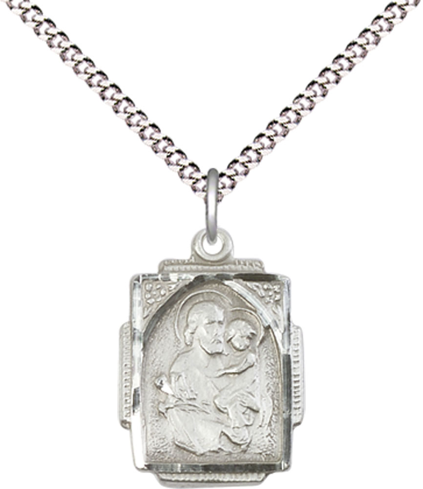 Sterling Silver Saint Joseph Pendant on a 18 inch Light Rhodium Light Curb chain