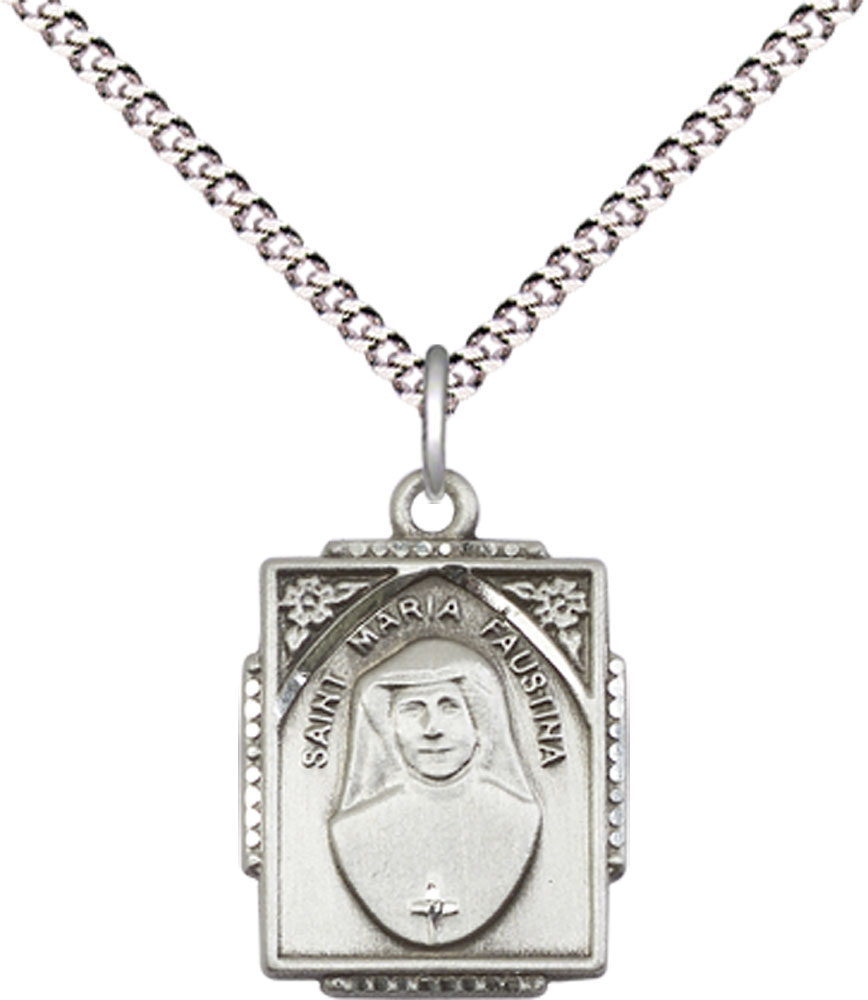 Sterling Silver Saint Maria Faustina Pendant on a 18 inch Light Rhodium Light Curb chain