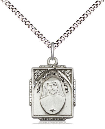 Sterling Silver Saint Maria Faustina Pendant on a 18 inch Light Rhodium Light Curb chain