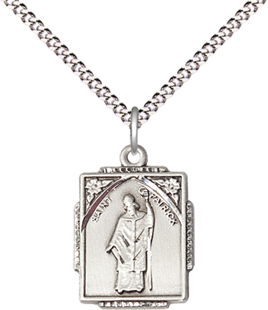 Sterling Silver Saint Patrick Pendant on a 18 inch Light Rhodium Light Curb chain