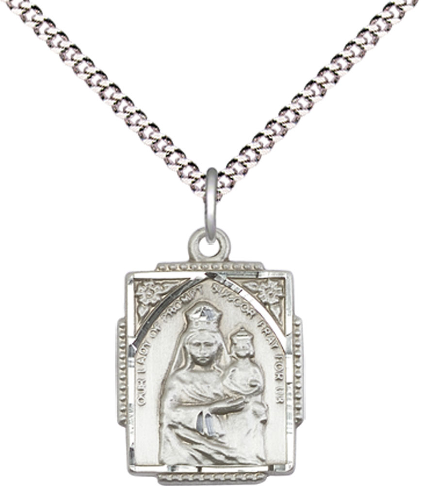 Sterling Silver Our Lady of Prompt Succor Pendant on a 18 inch Light Rhodium Light Curb chain