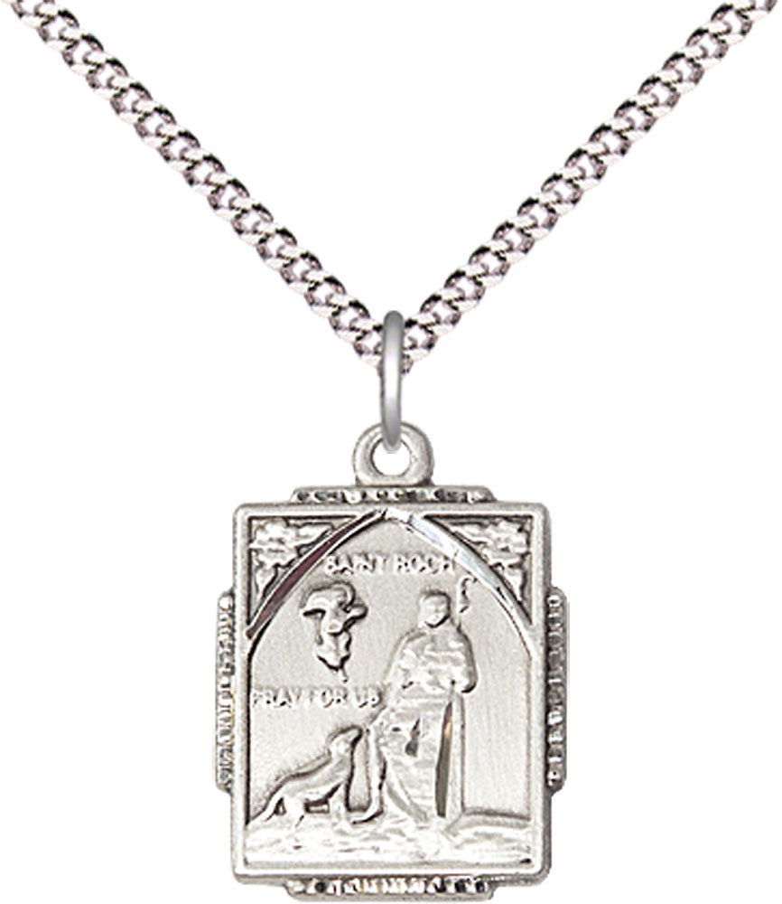 Sterling Silver Saint Roch Pendant on a 18 inch Light Rhodium Light Curb chain