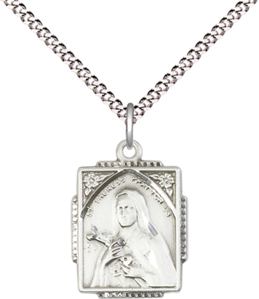 Sterling Silver Saint Therese Pendant on a 18 inch Light Rhodium Light Curb chain