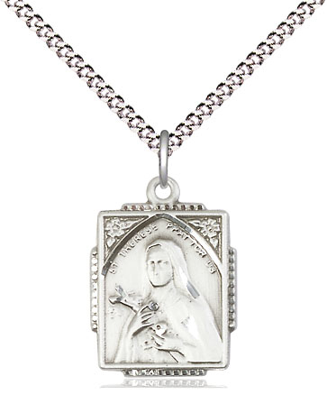 Sterling Silver Saint Therese Pendant on a 18 inch Light Rhodium Light Curb chain