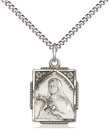 Sterling Silver Saint Theresa Pendant on a 18 inch Light Rhodium Light Curb chain