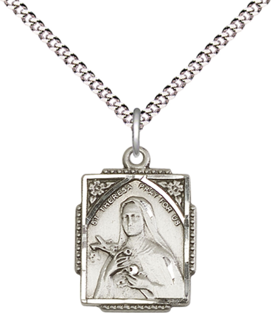 Sterling Silver Saint Theresa Pendant on a 18 inch Light Rhodium Light Curb chain